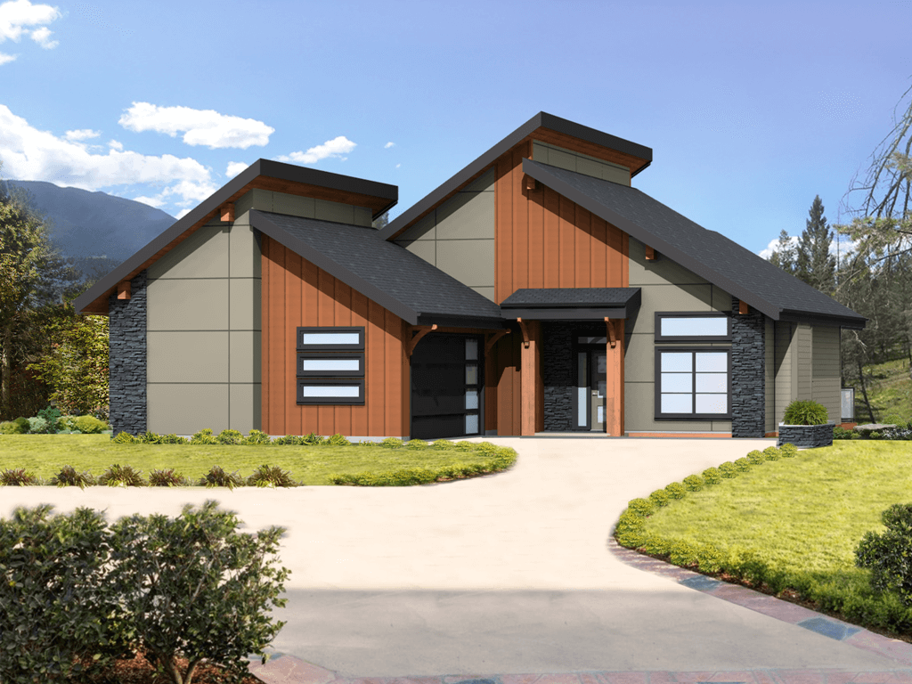 Image of 3D view of new home with dark grey cultured stone, grey stucco and brown siding.